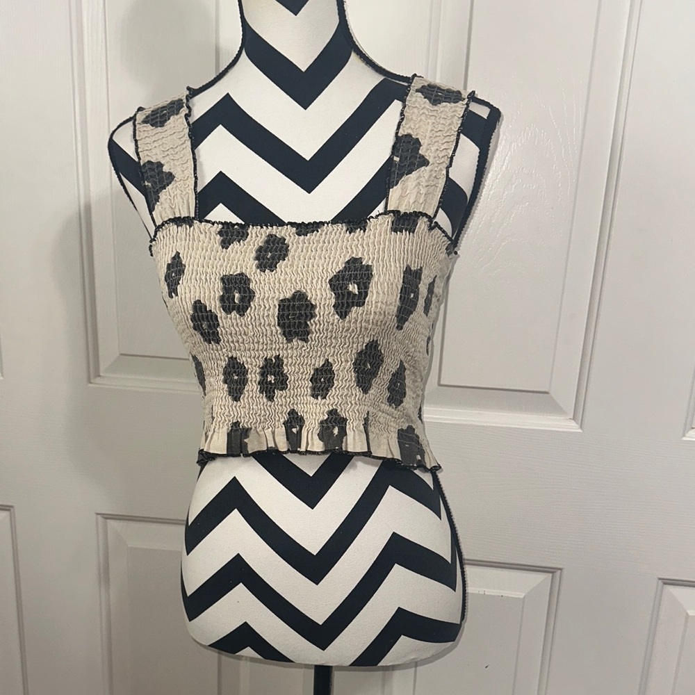 Rita Row Katherine Beige Leopard Print Smocked Crop Top